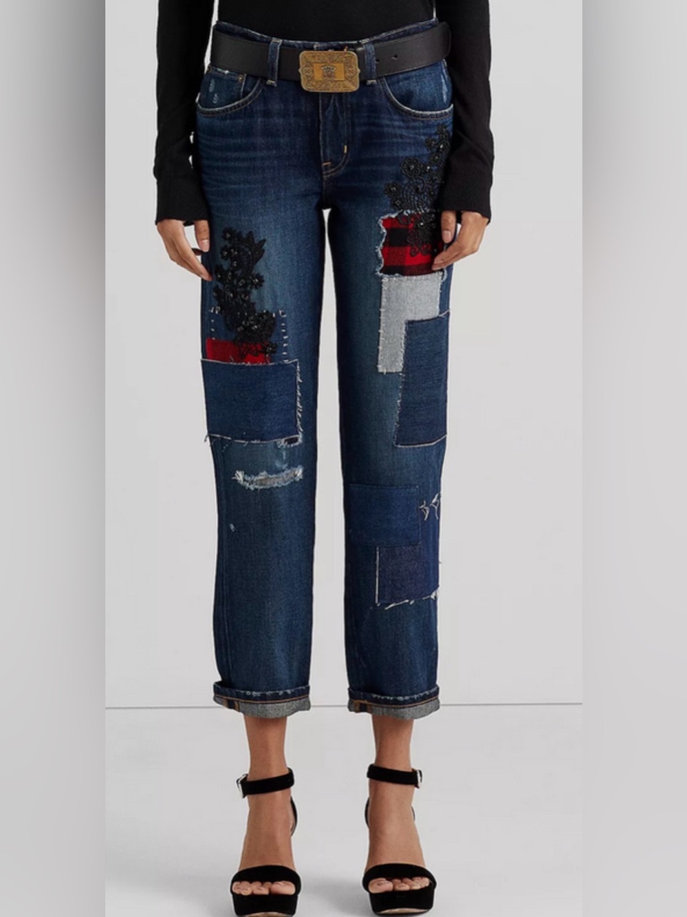 Lauren Ralph Lauren Patchwork Blue Jeans 10 Patch Lace Plaid Tapered Ankle Y2K